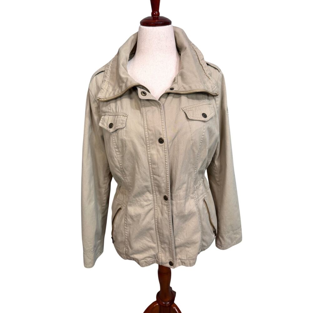 Guess Los Angeles 1981 Khaki logo embroidered lined cotton tan denim jacket  XL